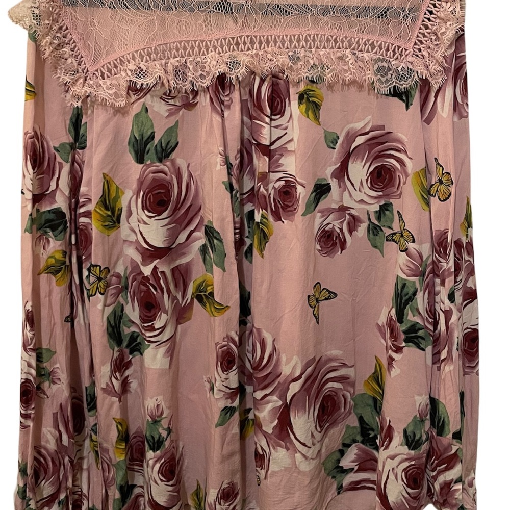 💝 Suzanne Betro Pink lace and cotton floral and butterfly blouse, 2X - Picture 8 of 14